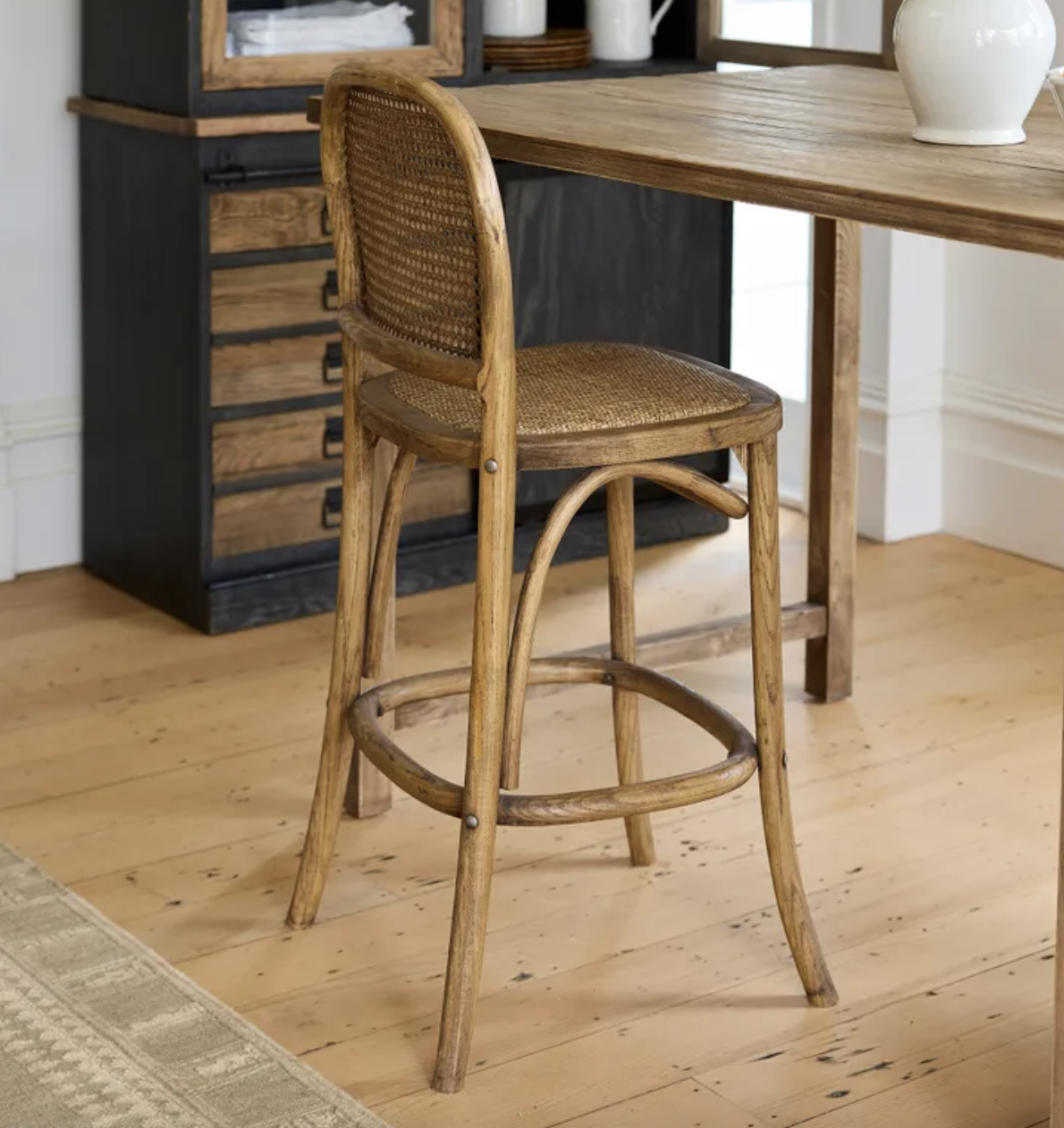 Oak wood and rattan barstool with back